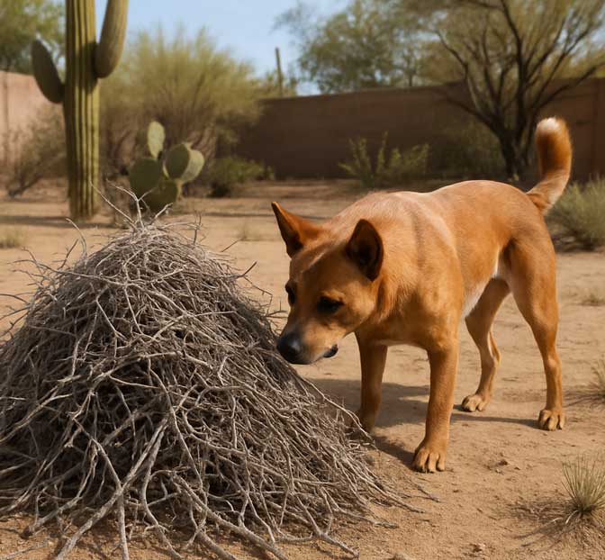 Are pack rats dangerous to my dog? Picture of dog sniffing pack rat nest.